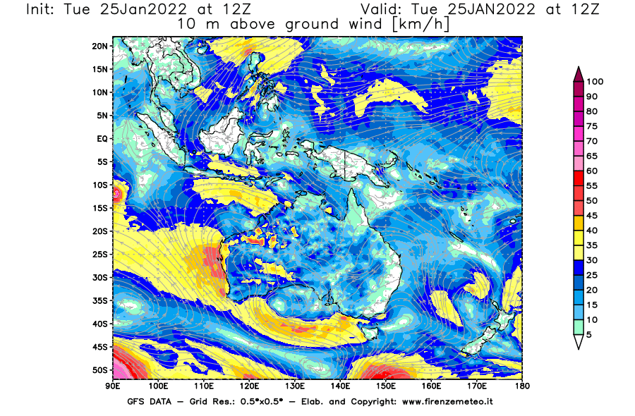 Mappa di analisi GFS - Velocità del vento a 10 metri dal suolo [km/h] in Oceania
							del 25/01/2022 12 <!--googleoff: index-->UTC<!--googleon: index-->