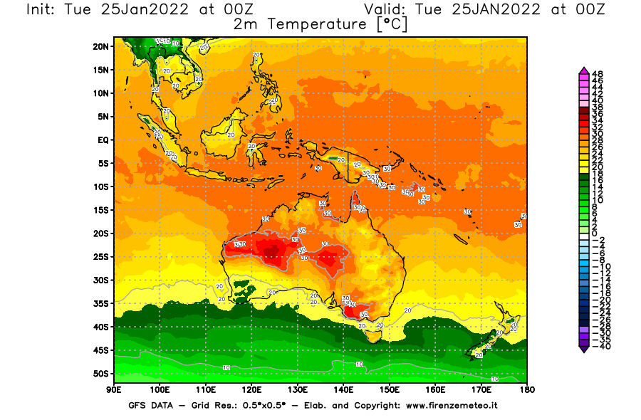 Mappa di analisi GFS - Temperatura a 2 metri dal suolo [°C] in Oceania
							del 25/01/2022 00 <!--googleoff: index-->UTC<!--googleon: index-->