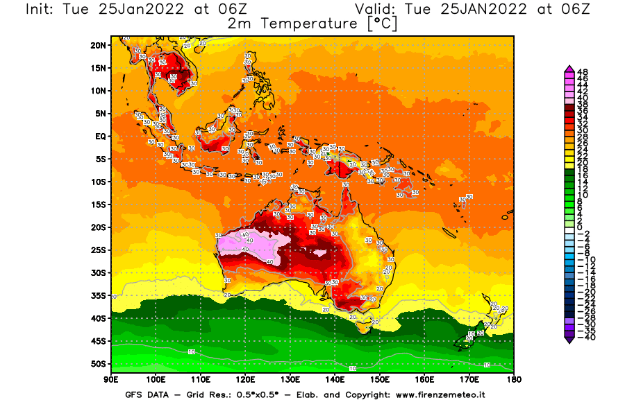 Mappa di analisi GFS - Temperatura a 2 metri dal suolo [°C] in Oceania
							del 25/01/2022 06 <!--googleoff: index-->UTC<!--googleon: index-->