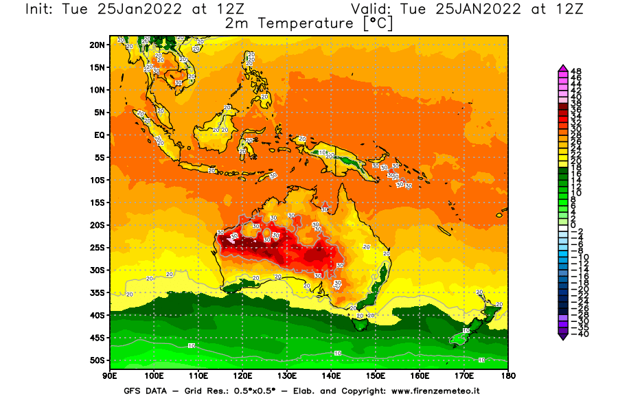 Mappa di analisi GFS - Temperatura a 2 metri dal suolo [°C] in Oceania
							del 25/01/2022 12 <!--googleoff: index-->UTC<!--googleon: index-->