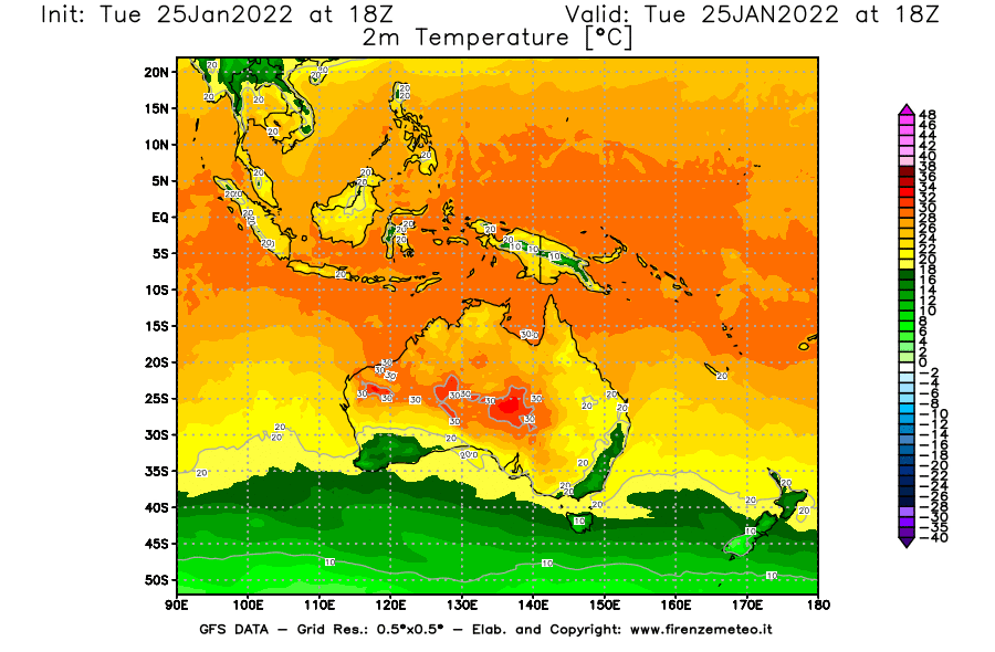 Mappa di analisi GFS - Temperatura a 2 metri dal suolo [°C] in Oceania
							del 25/01/2022 18 <!--googleoff: index-->UTC<!--googleon: index-->