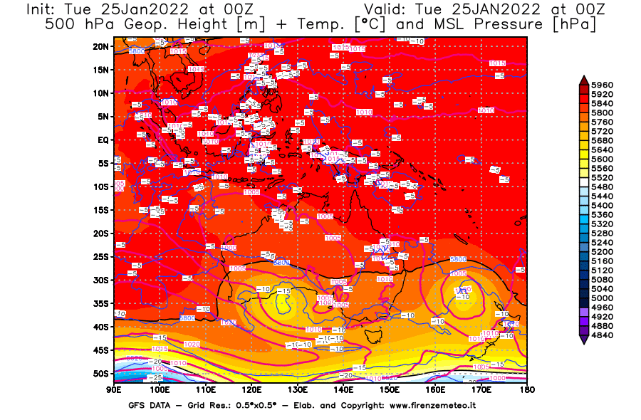 Mappa di analisi GFS - Geopotenziale [m] + Temp. [°C] a 500 hPa + Press. a livello del mare [hPa] in Oceania
							del 25/01/2022 00 <!--googleoff: index-->UTC<!--googleon: index-->