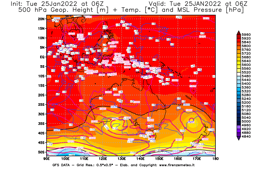 Mappa di analisi GFS - Geopotenziale [m] + Temp. [°C] a 500 hPa + Press. a livello del mare [hPa] in Oceania
							del 25/01/2022 06 <!--googleoff: index-->UTC<!--googleon: index-->