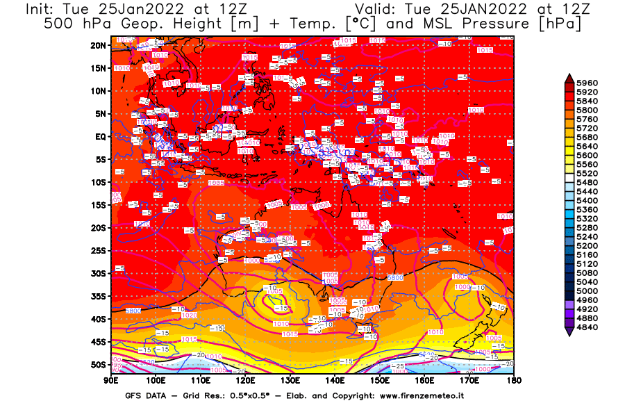 Mappa di analisi GFS - Geopotenziale [m] + Temp. [°C] a 500 hPa + Press. a livello del mare [hPa] in Oceania
							del 25/01/2022 12 <!--googleoff: index-->UTC<!--googleon: index-->