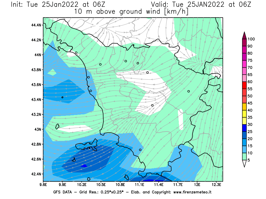 Mappa di analisi GFS - Velocità del vento a 10 metri dal suolo [km/h] in Toscana
							del 25/01/2022 06 <!--googleoff: index-->UTC<!--googleon: index-->