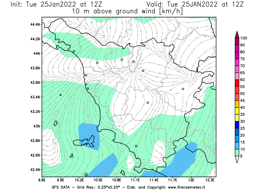 Mappa di analisi GFS - Velocità del vento a 10 metri dal suolo [km/h] in Toscana
							del 25/01/2022 12 <!--googleoff: index-->UTC<!--googleon: index-->