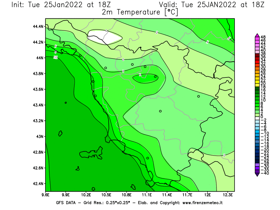 Mappa di analisi GFS - Temperatura a 2 metri dal suolo [°C] in Toscana
							del 25/01/2022 18 <!--googleoff: index-->UTC<!--googleon: index-->