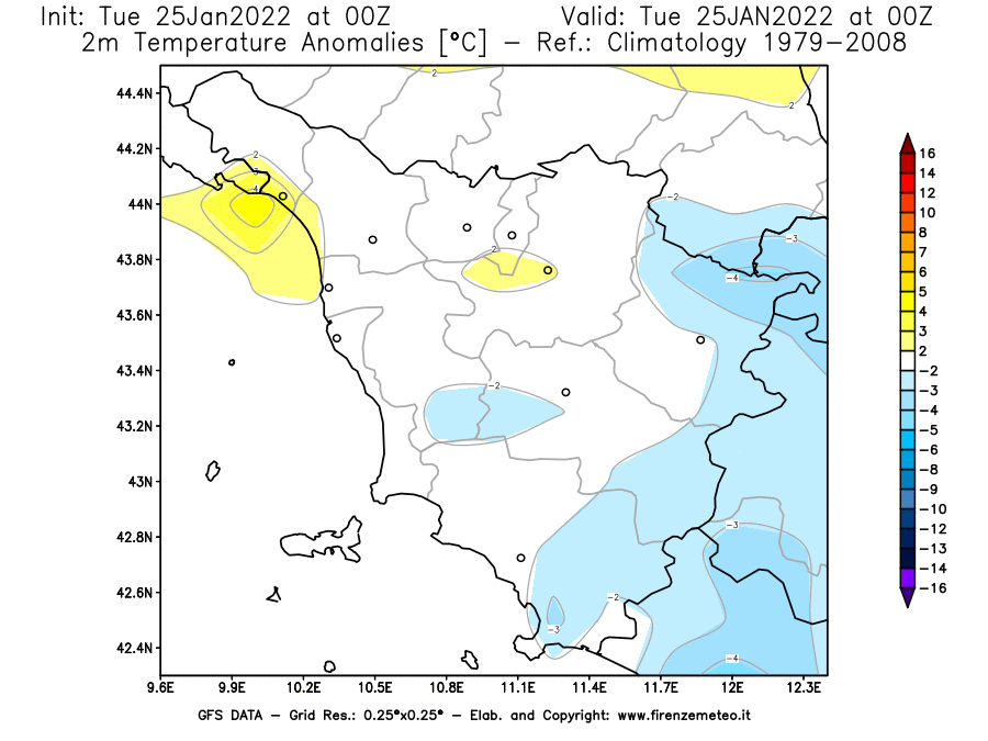 Mappa di analisi GFS - Anomalia Temperatura [°C] a 2 m in Toscana
							del 25/01/2022 00 <!--googleoff: index-->UTC<!--googleon: index-->