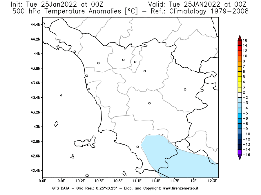 Mappa di analisi GFS - Anomalia Temperatura [°C] a 500 hPa in Toscana
							del 25/01/2022 00 <!--googleoff: index-->UTC<!--googleon: index-->