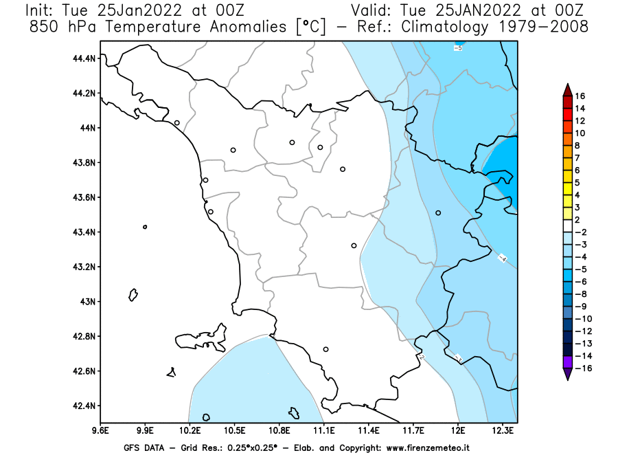 Mappa di analisi GFS - Anomalia Temperatura [°C] a 850 hPa in Toscana
							del 25/01/2022 00 <!--googleoff: index-->UTC<!--googleon: index-->