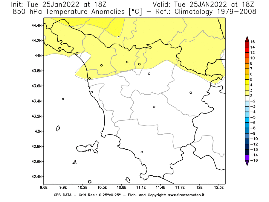 Mappa di analisi GFS - Anomalia Temperatura [°C] a 850 hPa in Toscana
							del 25/01/2022 18 <!--googleoff: index-->UTC<!--googleon: index-->