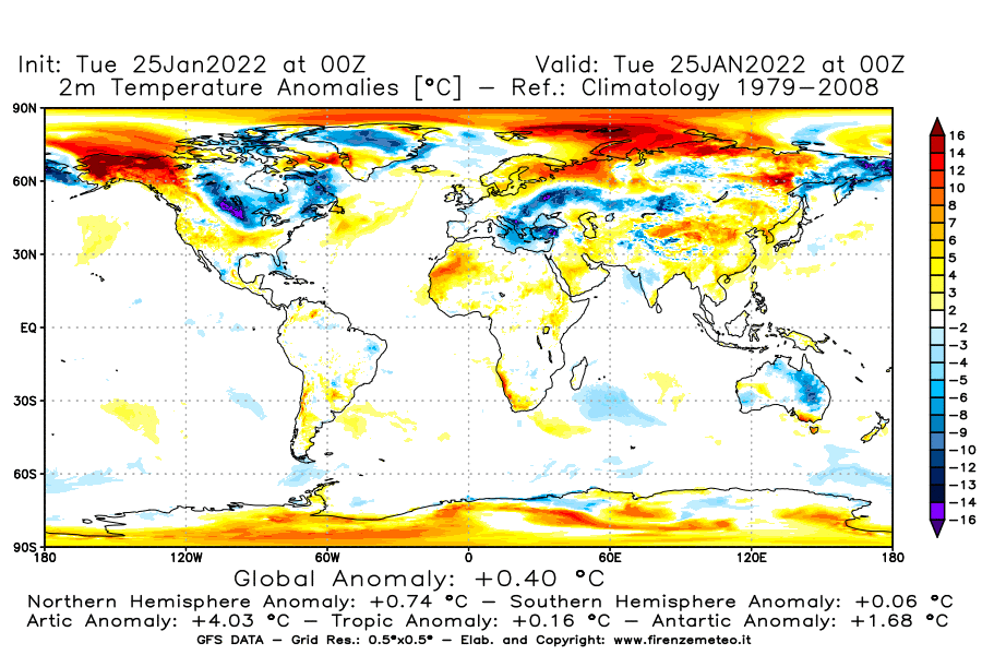 Mappa di analisi GFS - Anomalia Temperatura [°C] a 2 m in World
							del 25/01/2022 00 <!--googleoff: index-->UTC<!--googleon: index-->