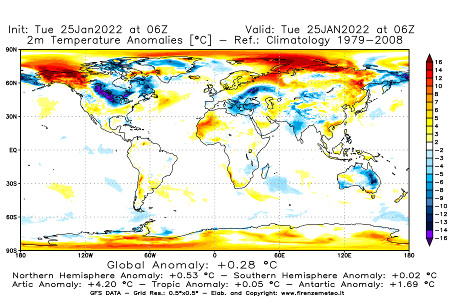 Mappa di analisi GFS - Anomalia Temperatura [°C] a 2 m in World
							del 25/01/2022 06 <!--googleoff: index-->UTC<!--googleon: index-->
