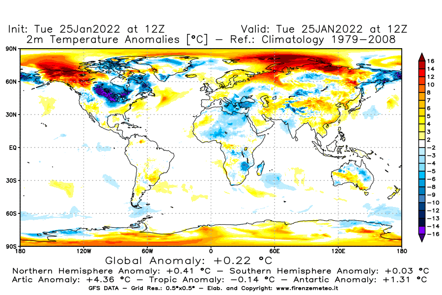 Mappa di analisi GFS - Anomalia Temperatura [°C] a 2 m in World
							del 25/01/2022 12 <!--googleoff: index-->UTC<!--googleon: index-->