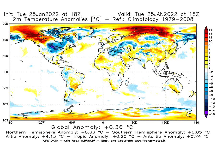 Mappa di analisi GFS - Anomalia Temperatura [°C] a 2 m in World
							del 25/01/2022 18 <!--googleoff: index-->UTC<!--googleon: index-->