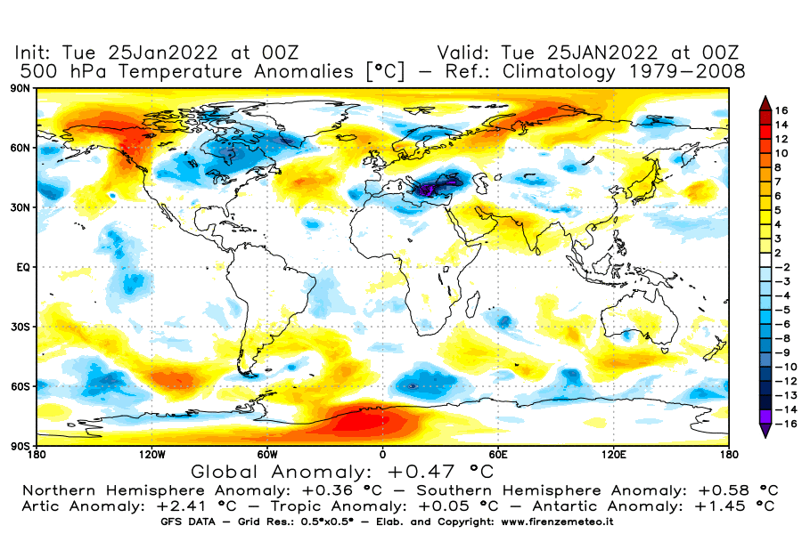 Mappa di analisi GFS - Anomalia Temperatura [°C] a 500 hPa in World
							del 25/01/2022 00 <!--googleoff: index-->UTC<!--googleon: index-->