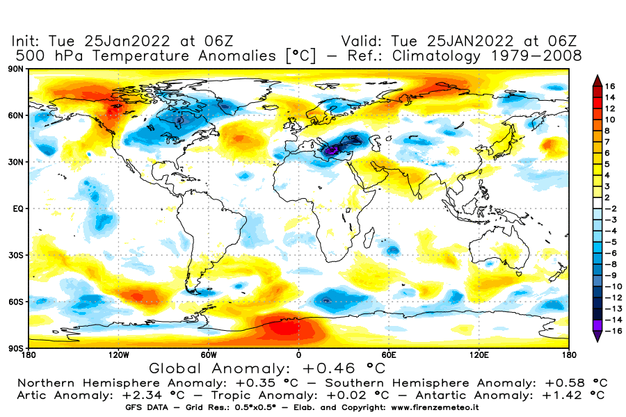 Mappa di analisi GFS - Anomalia Temperatura [°C] a 500 hPa in World
							del 25/01/2022 06 <!--googleoff: index-->UTC<!--googleon: index-->