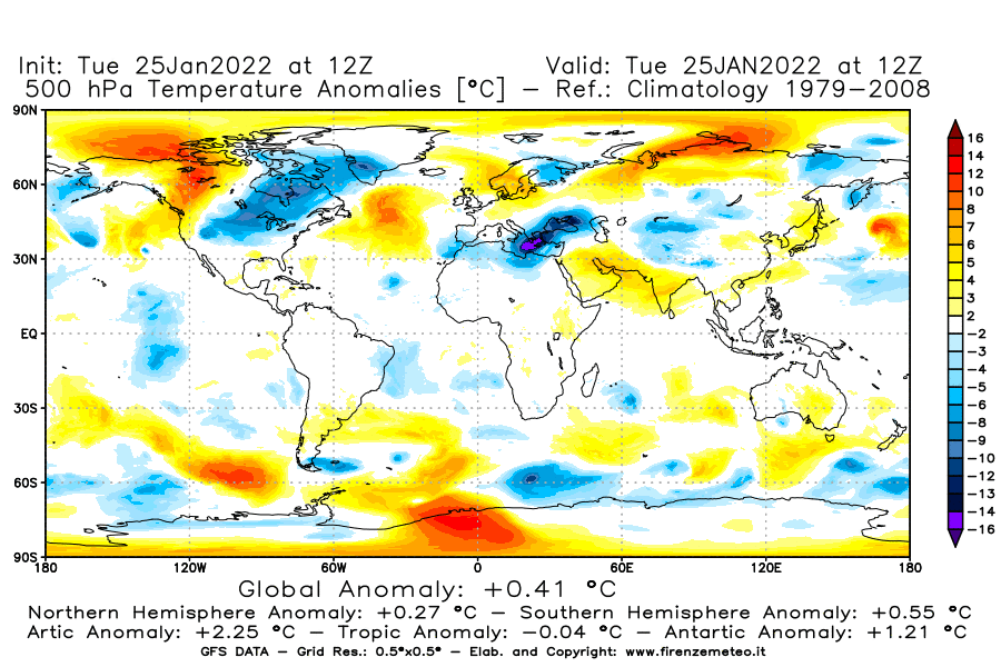 Mappa di analisi GFS - Anomalia Temperatura [°C] a 500 hPa in World
							del 25/01/2022 12 <!--googleoff: index-->UTC<!--googleon: index-->