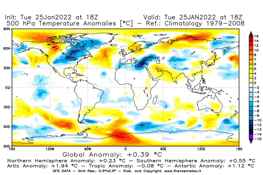 Mappa di analisi GFS - Anomalia Temperatura [°C] a 500 hPa in World
							del 25/01/2022 18 <!--googleoff: index-->UTC<!--googleon: index-->
