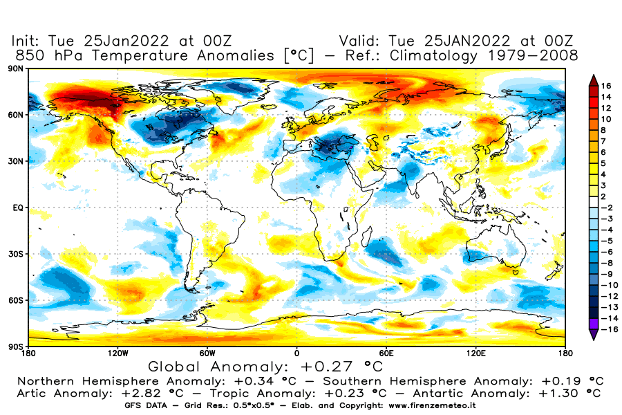 Mappa di analisi GFS - Anomalia Temperatura [°C] a 850 hPa in World
							del 25/01/2022 00 <!--googleoff: index-->UTC<!--googleon: index-->