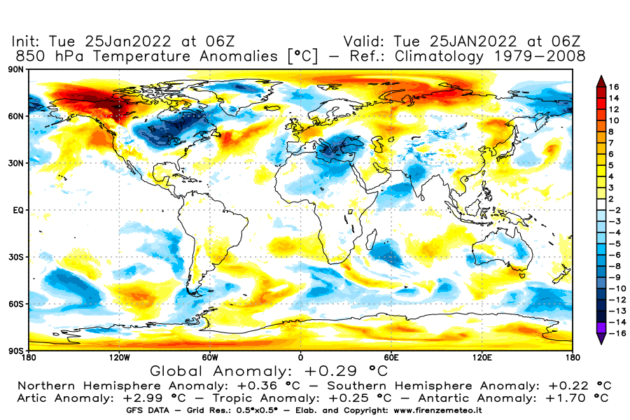 Mappa di analisi GFS - Anomalia Temperatura [°C] a 850 hPa in World
							del 25/01/2022 06 <!--googleoff: index-->UTC<!--googleon: index-->