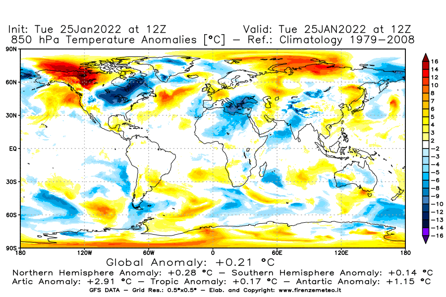 Mappa di analisi GFS - Anomalia Temperatura [°C] a 850 hPa in World
							del 25/01/2022 12 <!--googleoff: index-->UTC<!--googleon: index-->