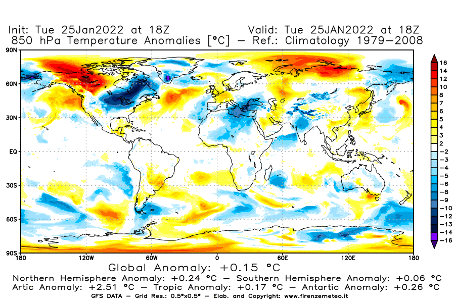 Mappa di analisi GFS - Anomalia Temperatura [°C] a 850 hPa in World
							del 25/01/2022 18 <!--googleoff: index-->UTC<!--googleon: index-->