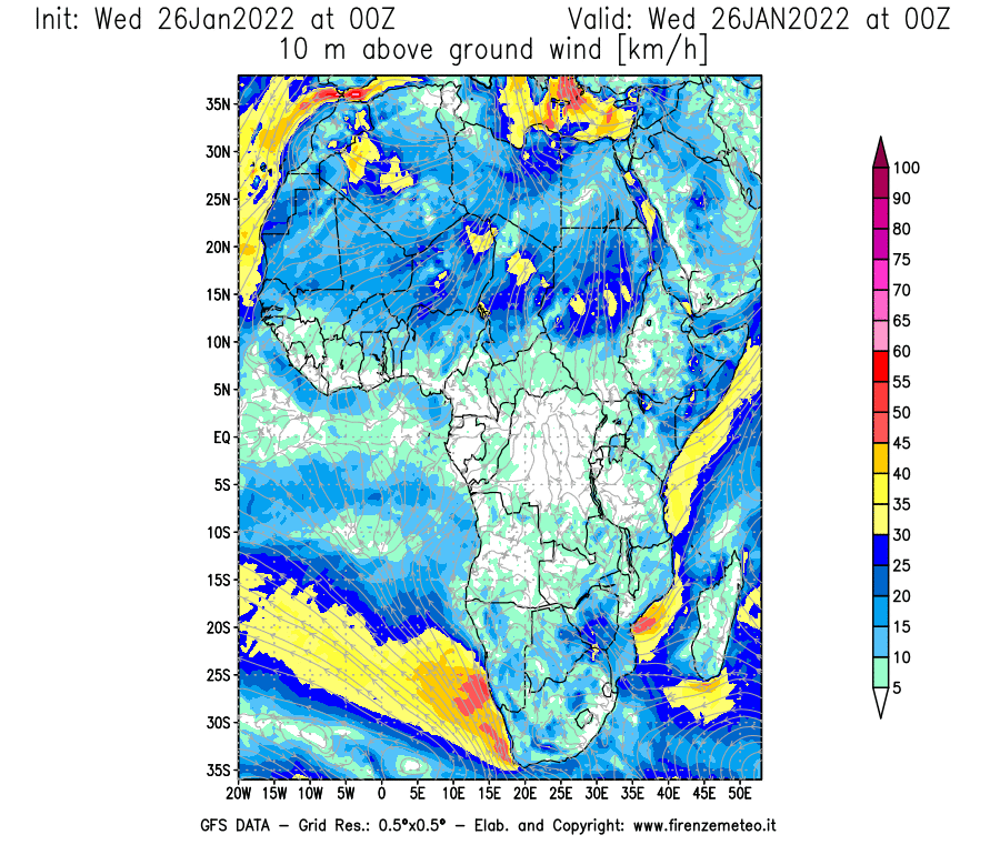 Mappa di analisi GFS - Velocità del vento a 10 metri dal suolo [km/h] in Africa
							del 26/01/2022 00 <!--googleoff: index-->UTC<!--googleon: index-->