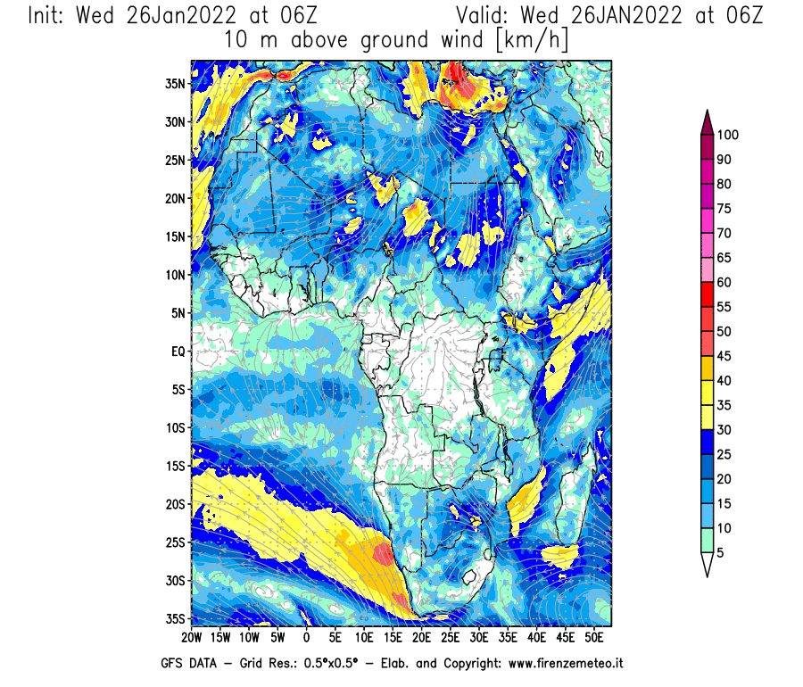 Mappa di analisi GFS - Velocità del vento a 10 metri dal suolo [km/h] in Africa
							del 26/01/2022 06 <!--googleoff: index-->UTC<!--googleon: index-->
