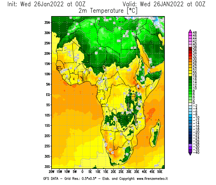 Mappa di analisi GFS - Temperatura a 2 metri dal suolo [°C] in Africa
							del 26/01/2022 00 <!--googleoff: index-->UTC<!--googleon: index-->