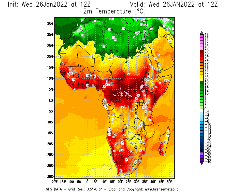 Mappa di analisi GFS - Temperatura a 2 metri dal suolo [°C] in Africa
							del 26/01/2022 12 <!--googleoff: index-->UTC<!--googleon: index-->
