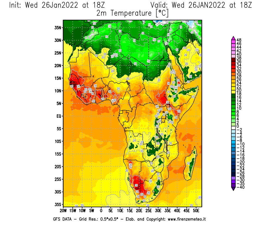 Mappa di analisi GFS - Temperatura a 2 metri dal suolo [°C] in Africa
							del 26/01/2022 18 <!--googleoff: index-->UTC<!--googleon: index-->