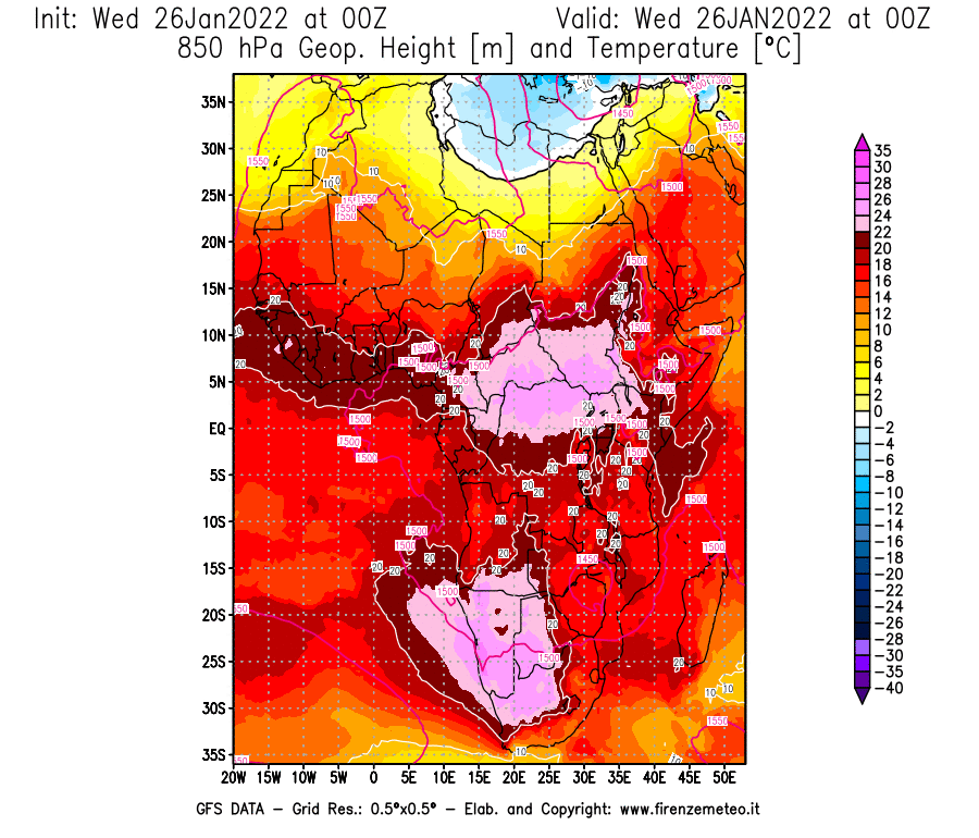 Mappa di analisi GFS - Geopotenziale [m] e Temperatura [°C] a 850 hPa in Africa
							del 26/01/2022 00 <!--googleoff: index-->UTC<!--googleon: index-->