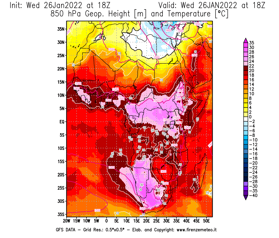 Mappa di analisi GFS - Geopotenziale [m] e Temperatura [°C] a 850 hPa in Africa
							del 26/01/2022 18 <!--googleoff: index-->UTC<!--googleon: index-->
