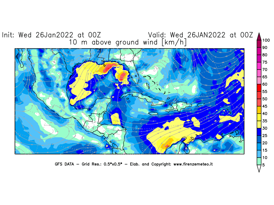 Mappa di analisi GFS - Velocità del vento a 10 metri dal suolo [km/h] in Centro-America
							del 26/01/2022 00 <!--googleoff: index-->UTC<!--googleon: index-->