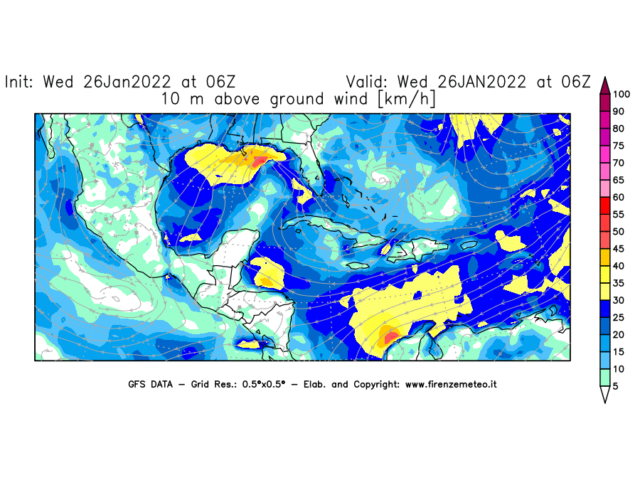 Mappa di analisi GFS - Velocità del vento a 10 metri dal suolo [km/h] in Centro-America
							del 26/01/2022 06 <!--googleoff: index-->UTC<!--googleon: index-->