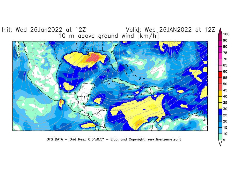 Mappa di analisi GFS - Velocità del vento a 10 metri dal suolo [km/h] in Centro-America
							del 26/01/2022 12 <!--googleoff: index-->UTC<!--googleon: index-->