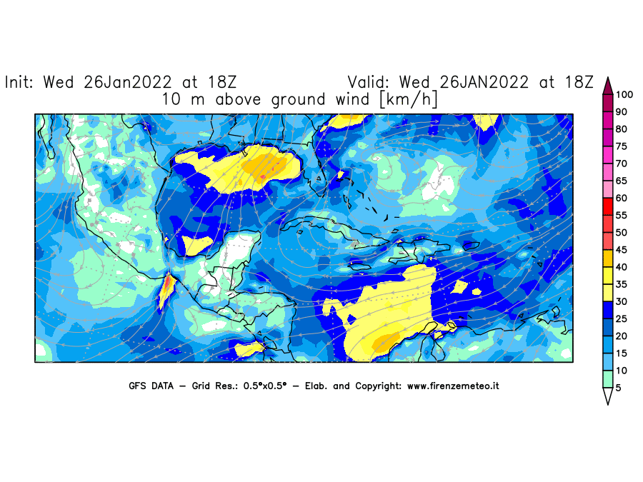 Mappa di analisi GFS - Velocità del vento a 10 metri dal suolo [km/h] in Centro-America
							del 26/01/2022 18 <!--googleoff: index-->UTC<!--googleon: index-->
