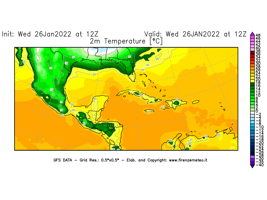 Mappa di analisi GFS - Temperatura a 2 metri dal suolo [°C] in Centro-America
							del 26/01/2022 12 <!--googleoff: index-->UTC<!--googleon: index-->