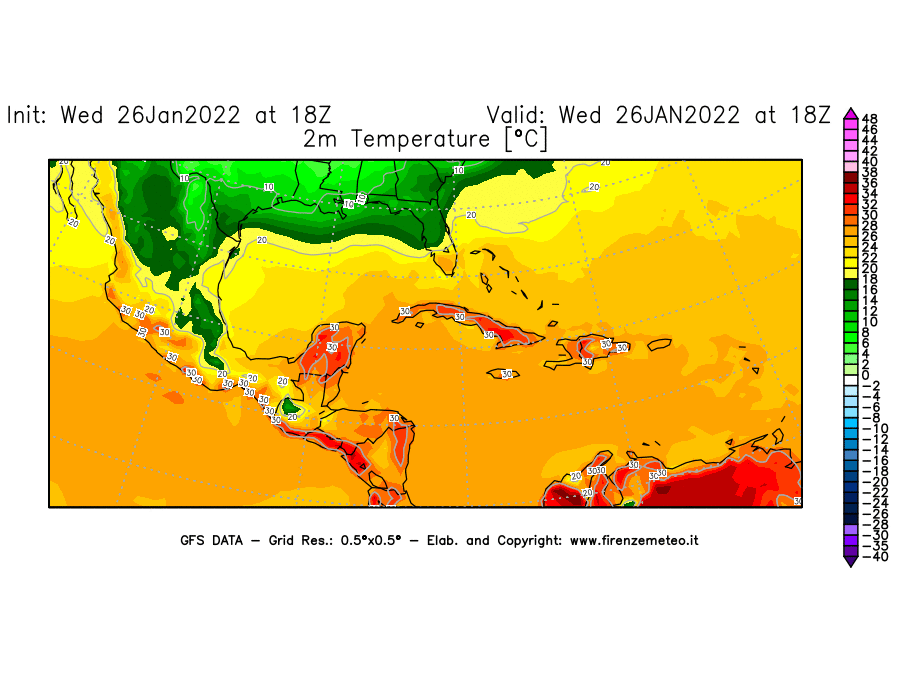 Mappa di analisi GFS - Temperatura a 2 metri dal suolo [°C] in Centro-America
							del 26/01/2022 18 <!--googleoff: index-->UTC<!--googleon: index-->
