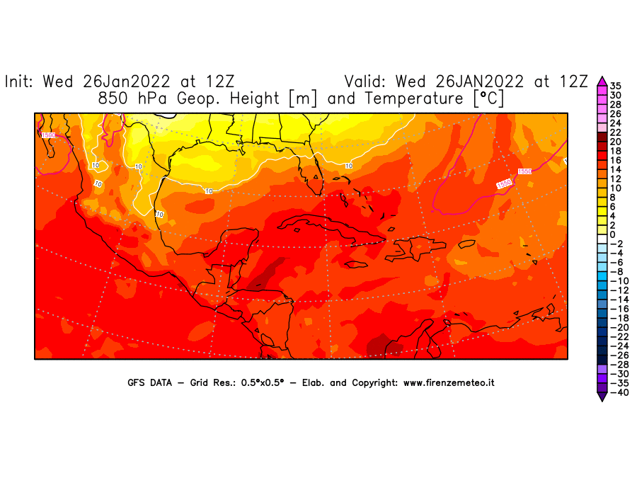 Mappa di analisi GFS - Geopotenziale [m] e Temperatura [°C] a 850 hPa in Centro-America
							del 26/01/2022 12 <!--googleoff: index-->UTC<!--googleon: index-->