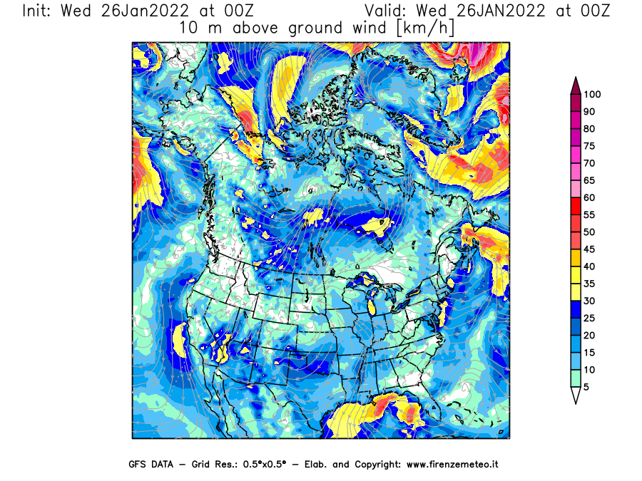 Mappa di analisi GFS - Velocità del vento a 10 metri dal suolo [km/h] in Nord-America
							del 26/01/2022 00 <!--googleoff: index-->UTC<!--googleon: index-->