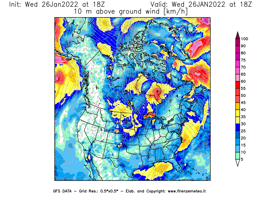 Mappa di analisi GFS - Velocità del vento a 10 metri dal suolo [km/h] in Nord-America
							del 26/01/2022 18 <!--googleoff: index-->UTC<!--googleon: index-->