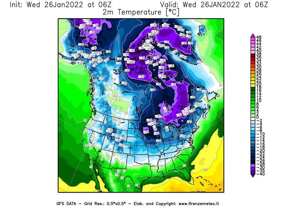 Mappa di analisi GFS - Temperatura a 2 metri dal suolo [°C] in Nord-America
							del 26/01/2022 06 <!--googleoff: index-->UTC<!--googleon: index-->