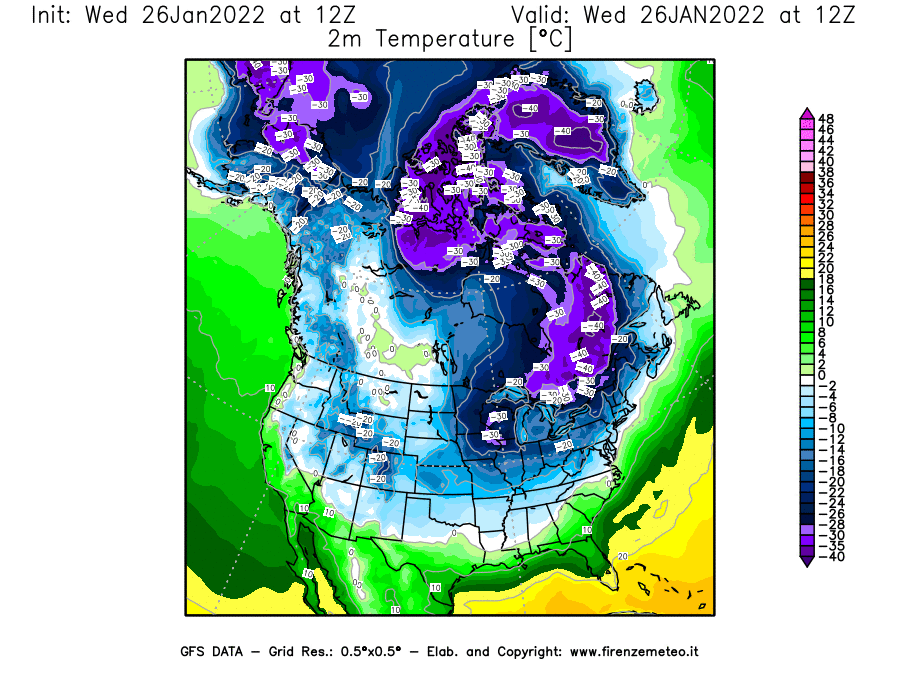 Mappa di analisi GFS - Temperatura a 2 metri dal suolo [°C] in Nord-America
							del 26/01/2022 12 <!--googleoff: index-->UTC<!--googleon: index-->