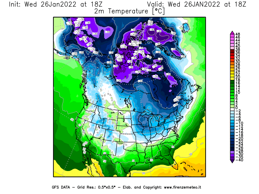 Mappa di analisi GFS - Temperatura a 2 metri dal suolo [°C] in Nord-America
							del 26/01/2022 18 <!--googleoff: index-->UTC<!--googleon: index-->