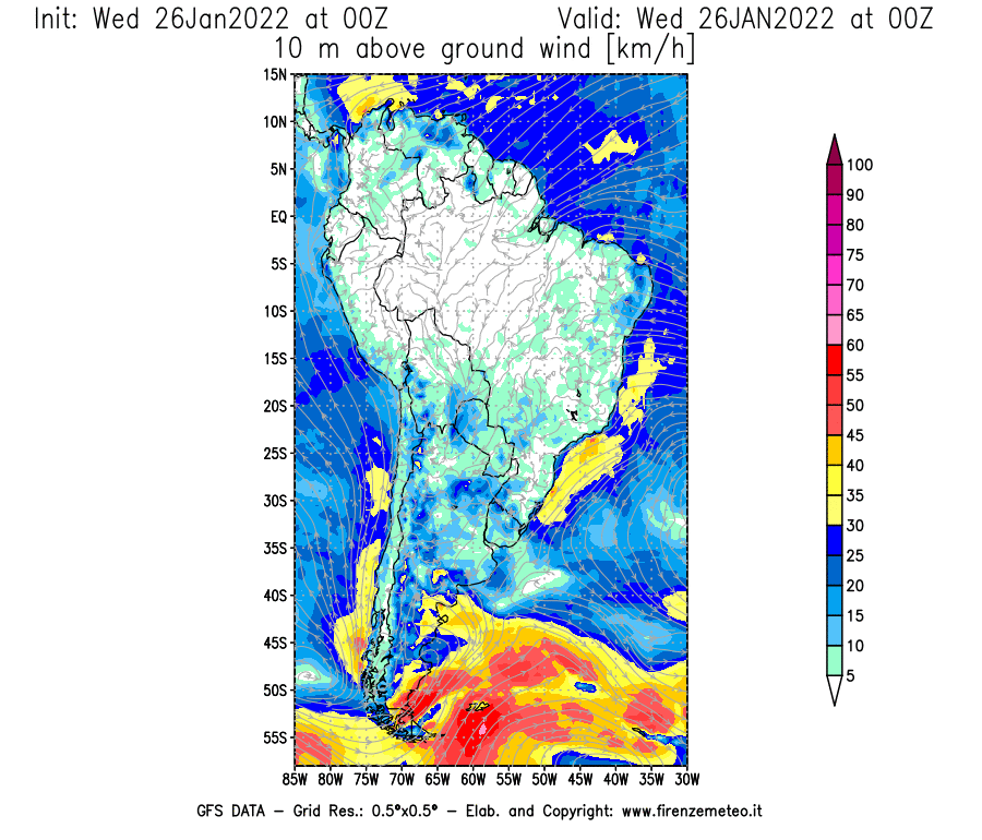Mappa di analisi GFS - Velocità del vento a 10 metri dal suolo [km/h] in Sud-America
							del 26/01/2022 00 <!--googleoff: index-->UTC<!--googleon: index-->