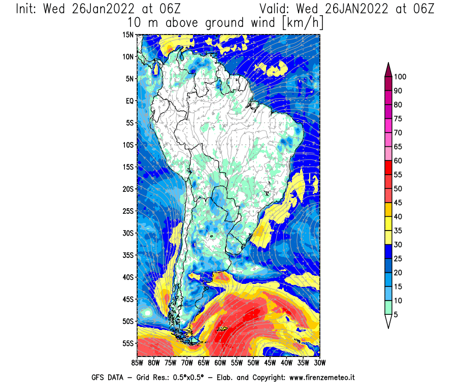 Mappa di analisi GFS - Velocità del vento a 10 metri dal suolo [km/h] in Sud-America
							del 26/01/2022 06 <!--googleoff: index-->UTC<!--googleon: index-->