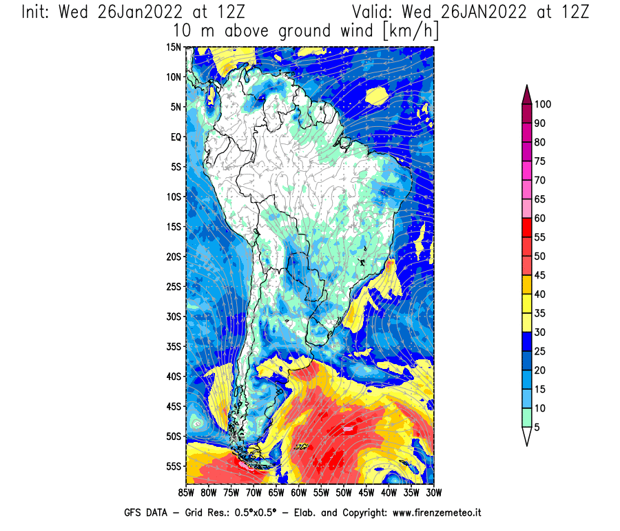 Mappa di analisi GFS - Velocità del vento a 10 metri dal suolo [km/h] in Sud-America
							del 26/01/2022 12 <!--googleoff: index-->UTC<!--googleon: index-->