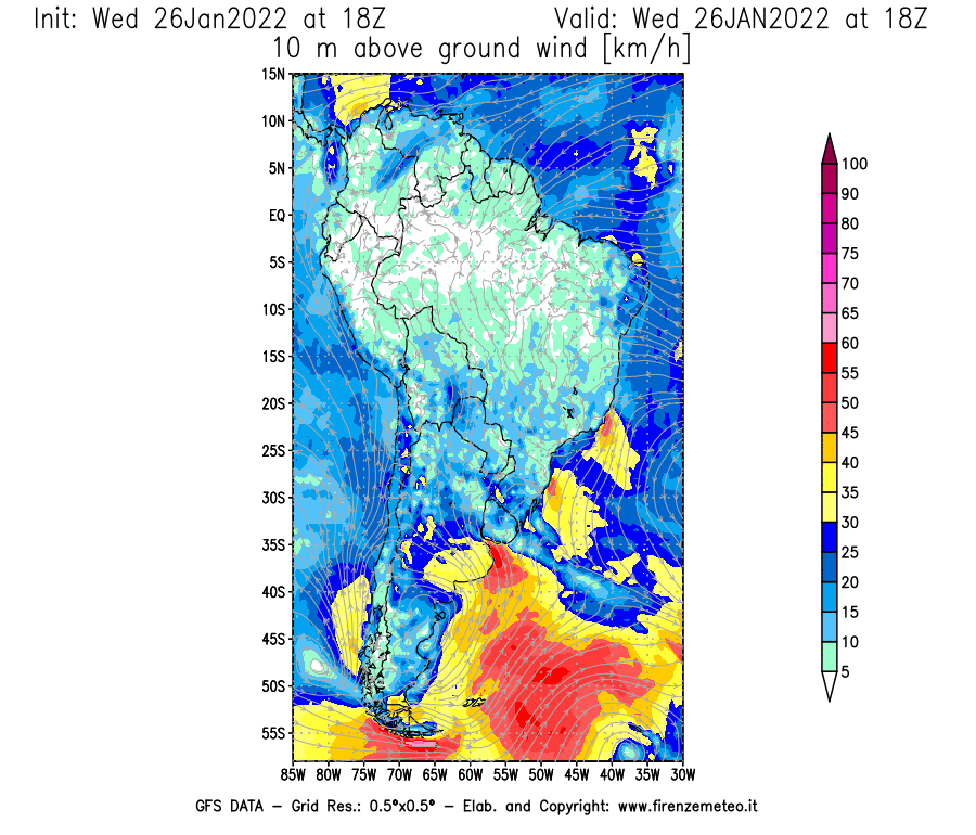 Mappa di analisi GFS - Velocità del vento a 10 metri dal suolo [km/h] in Sud-America
							del 26/01/2022 18 <!--googleoff: index-->UTC<!--googleon: index-->